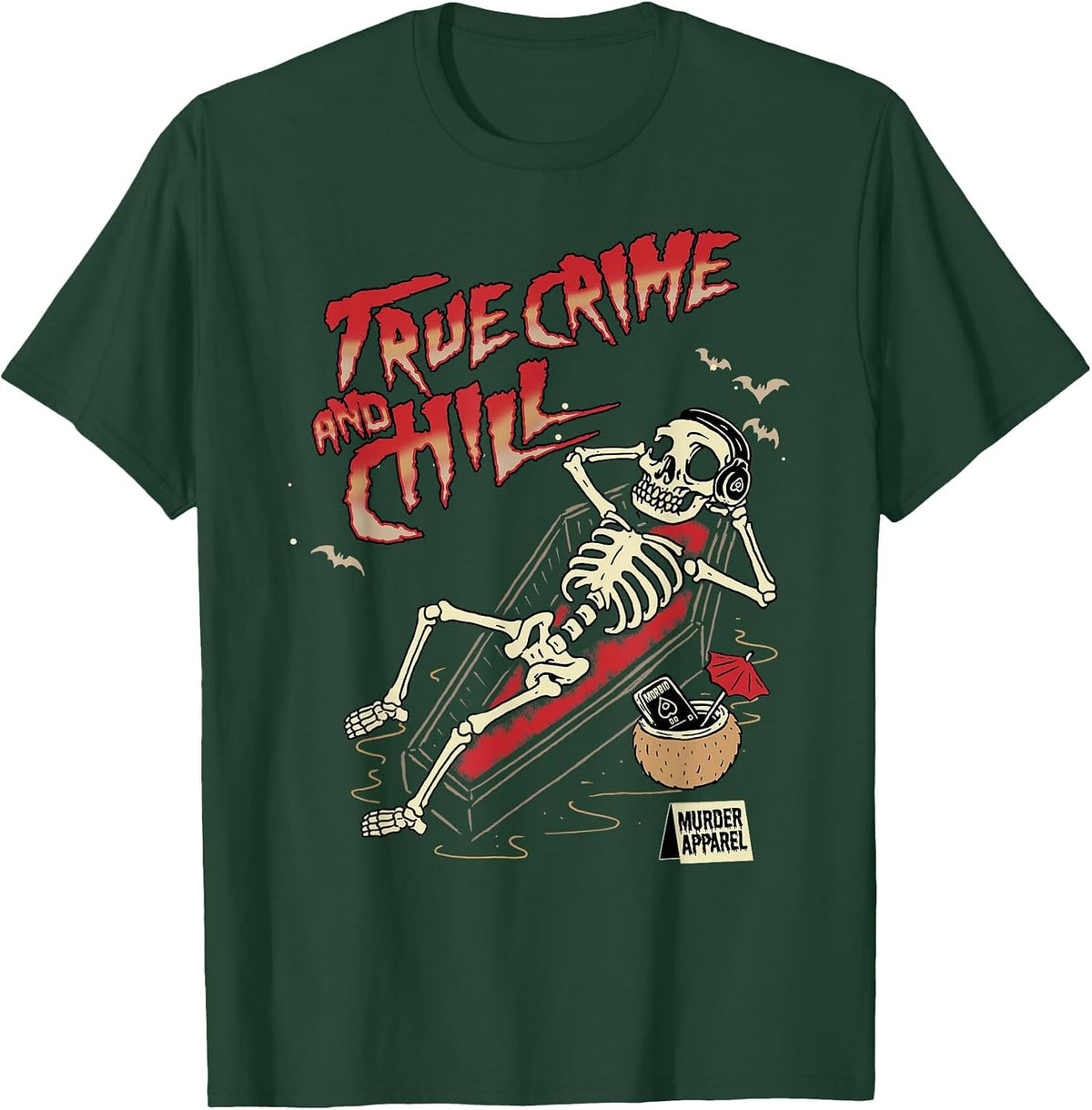True Crime and Chill Skeleton Vintage T-Shirt - Dark Green