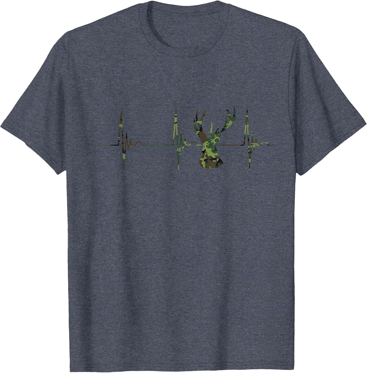 Camo Deer Heartbeat ECG Pulse Hunter Camouflage Hunting T-Shirt - Heather Blue