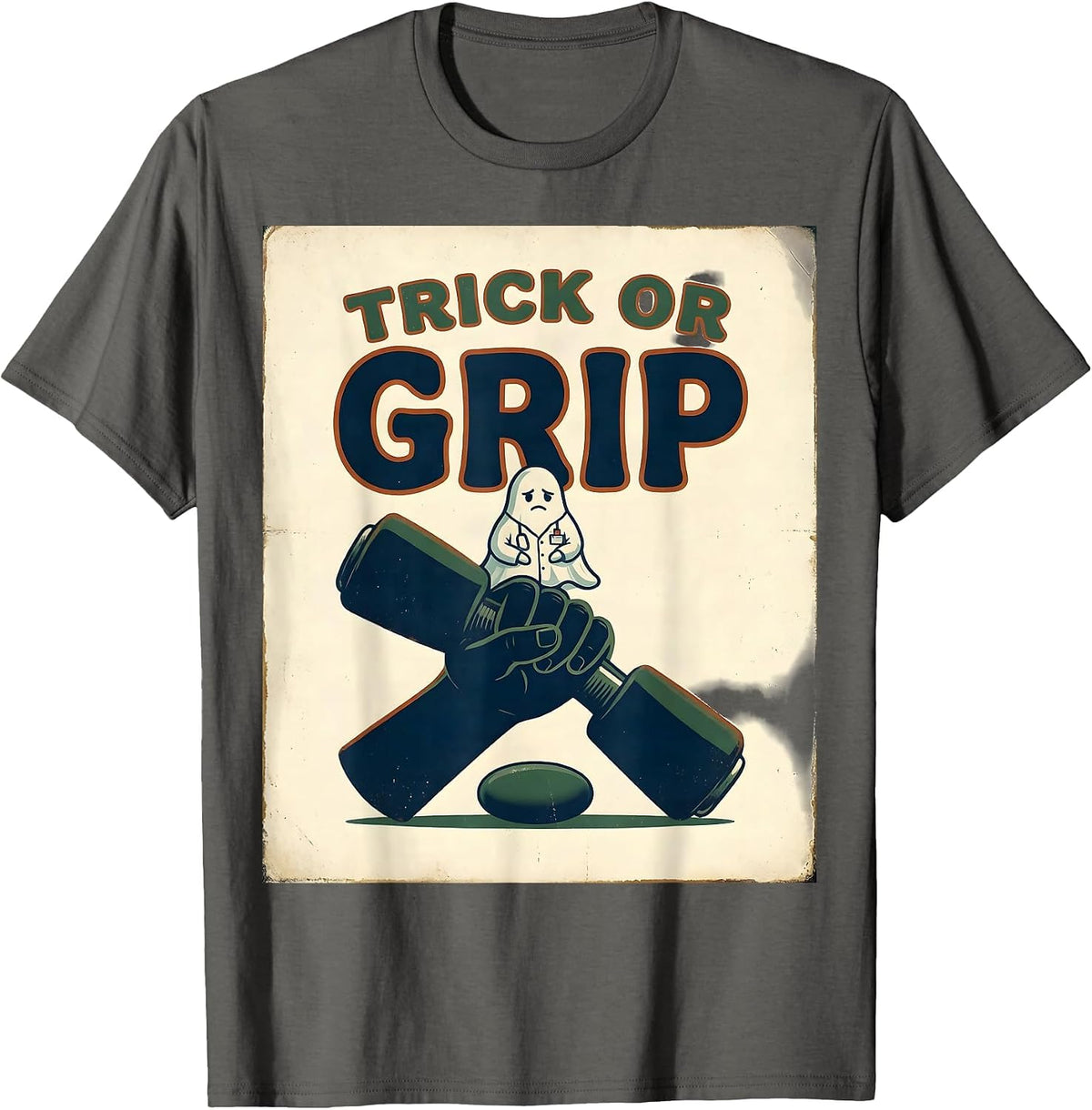 Trick Or Grip Vintage Ghost Occupational Therapist Halloween T-Shirt - Asphalt Grey