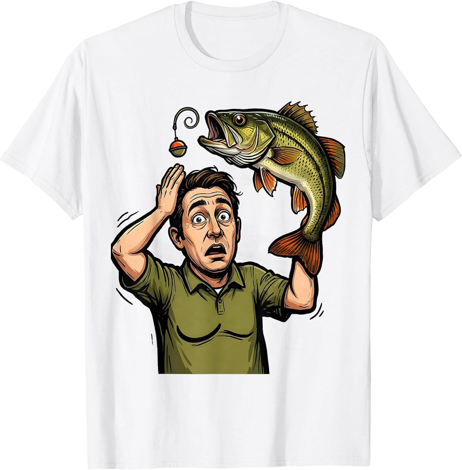 Men's Angler Shrugs Bass Question Mark Funny Fishing Humor T-Shirt - White
