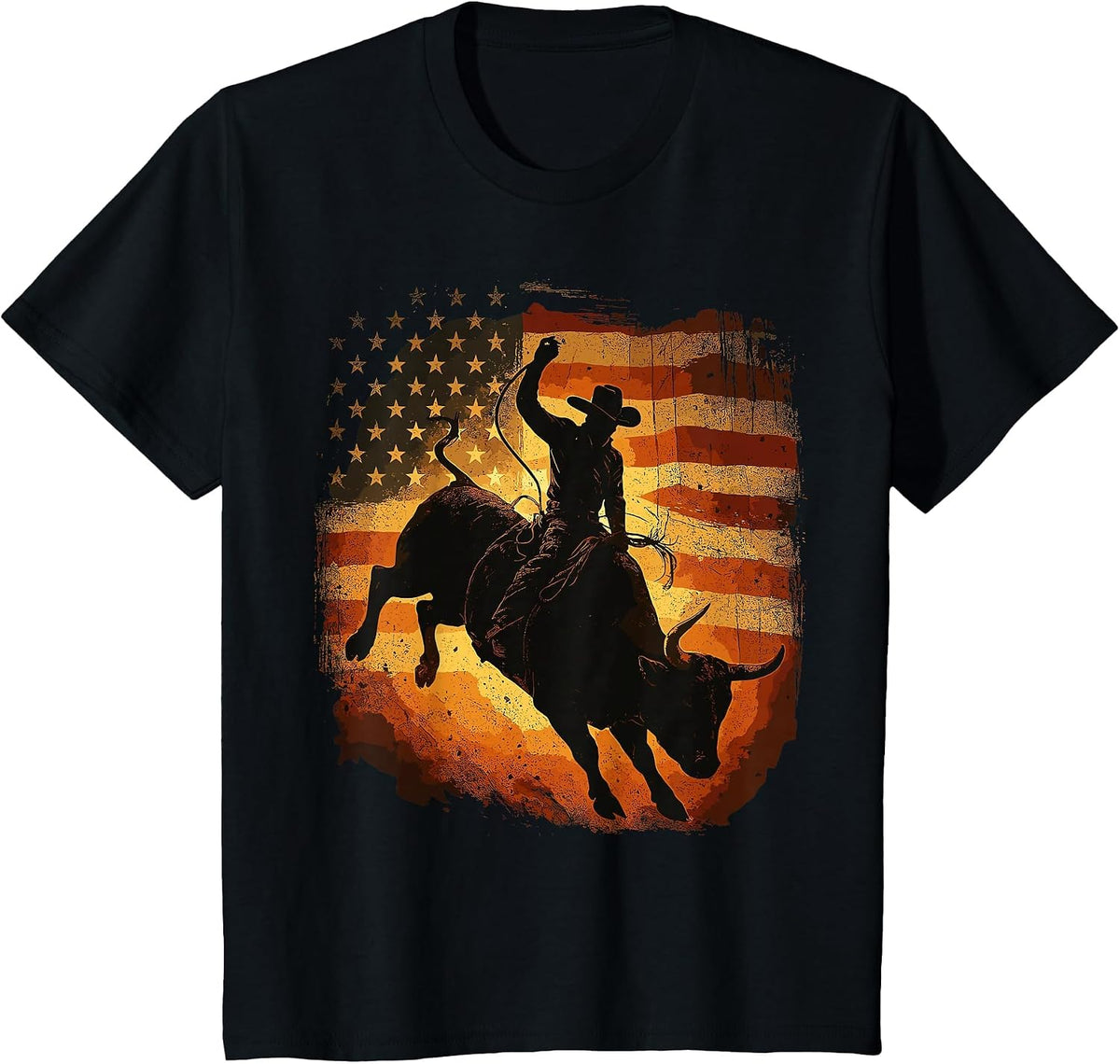 Cowboys American Flag Rodeo Rider Bull Patriotic T-Shirt - Black