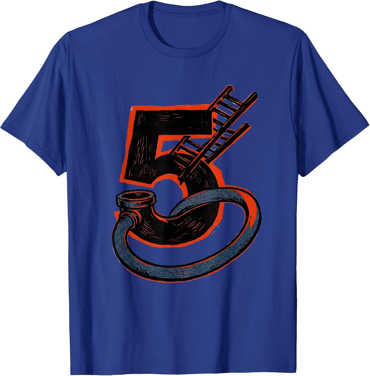 Five Fire Truck Linocut Toddler Firefighter Birthday T-Shirt - Royal Blue