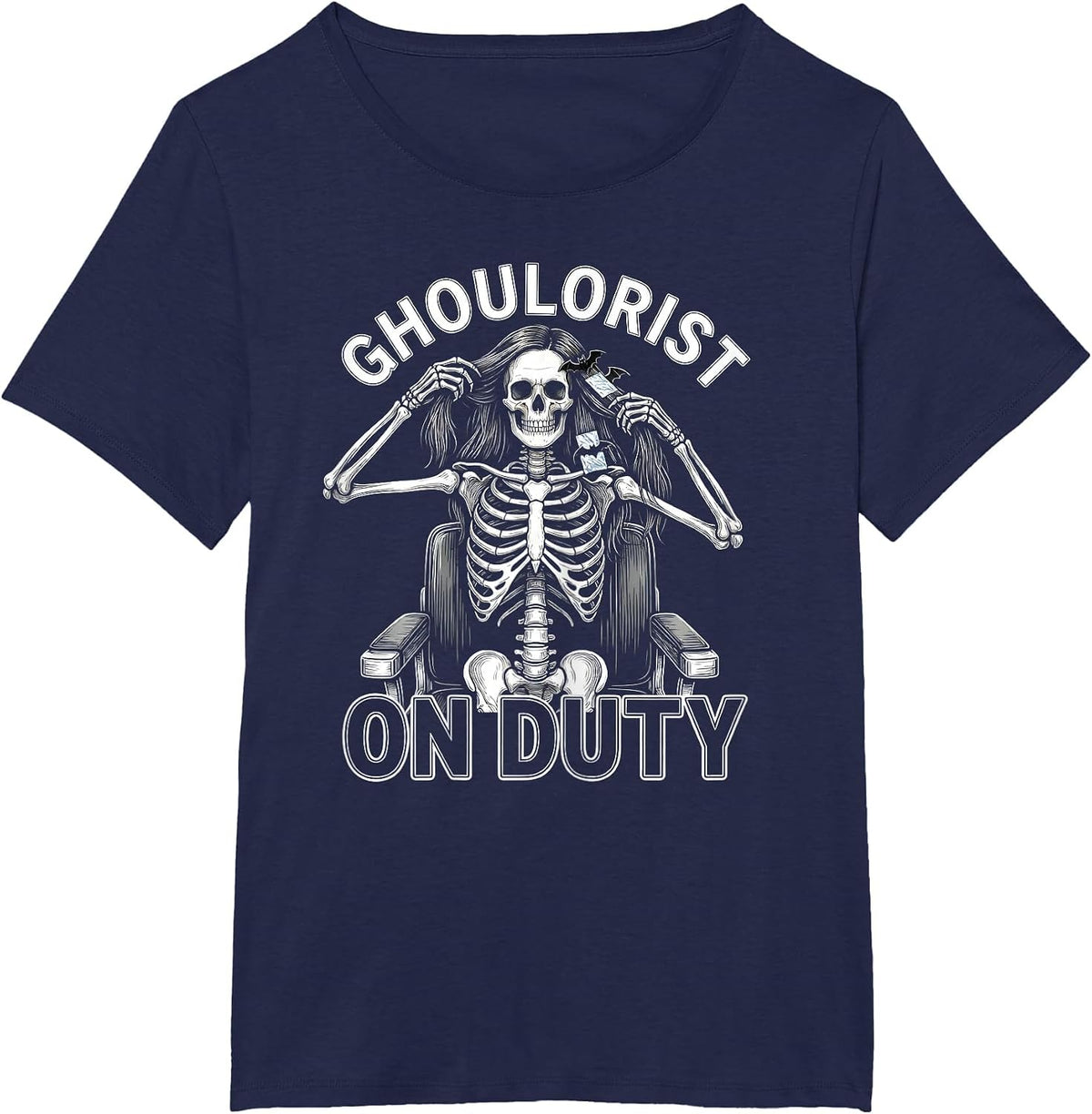 Women's Ghoulorist On Duty Funny Skeleton Hairstylist Halloween T-Shirt - Navy Blue