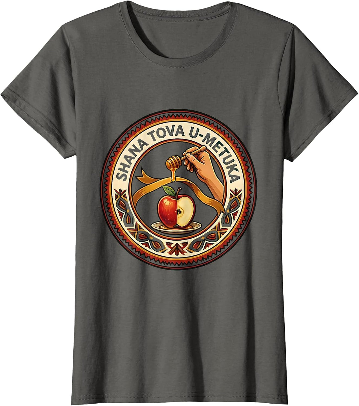 Women's Shana Tova U'Metuka Folk Art Rosh Hashanah Jewish New Year T-Shirt - Asphalt Grey