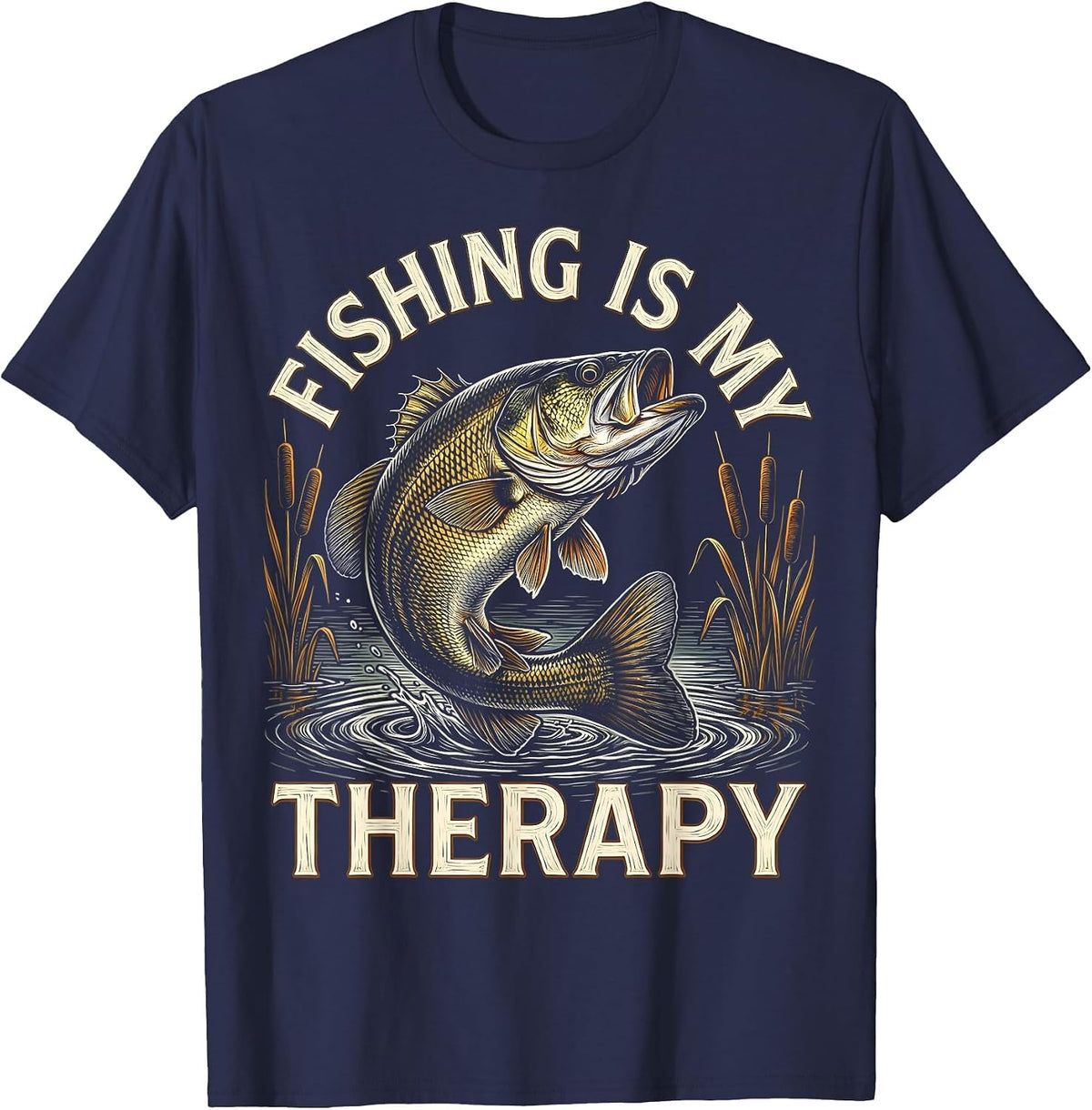Fishing Is My Therapy Outdoor Angler Design T-Shirt - Navy Blue
