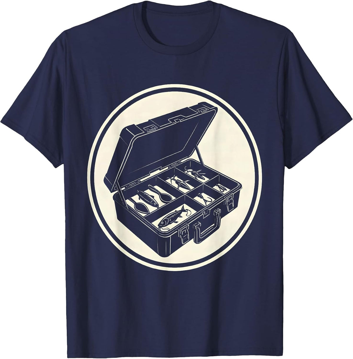 Men's Fishing Tackle Box Open With Colorful Lures T-Shirt - Navy Blue