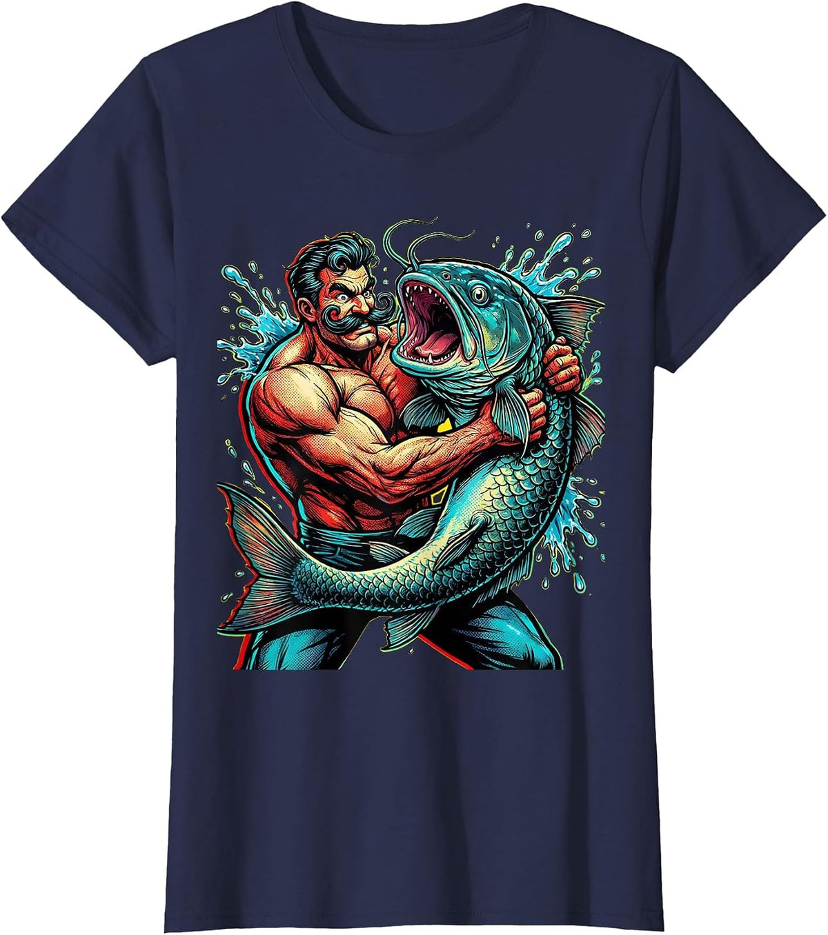 Women's Catfish Wrestling Mustached Fighter Novelty Graphic T-Shirt - Navy Blue