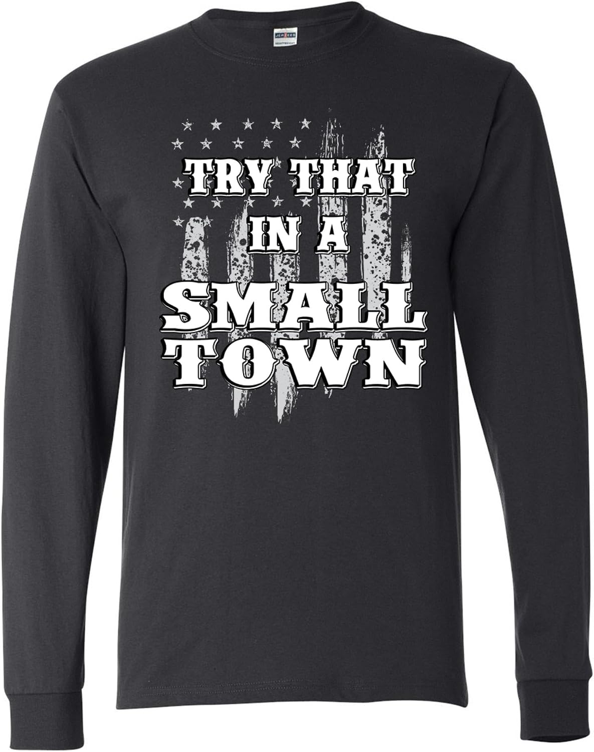 Try that in A Small Town American Grey Flag Disstressed Mens Long Sleeves - Charcoal