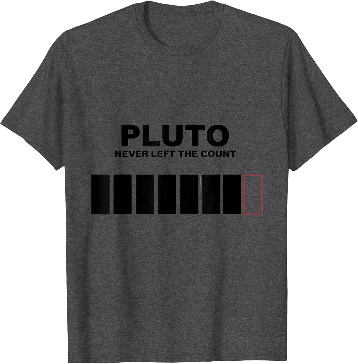 Men's Pluto, Never Left The Count Funny Astronomy Space Enthusiast T-Shirt - Dark Heather Grey