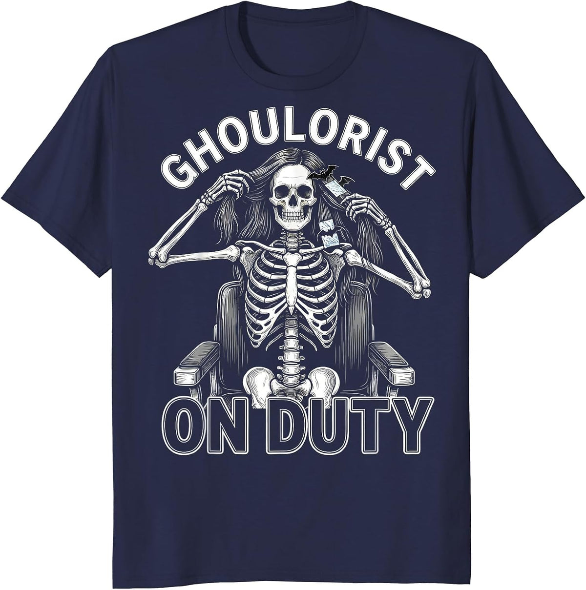 Men's Ghoulorist On Duty Funny Skeleton Hairstylist Halloween T-Shirt - Navy Blue