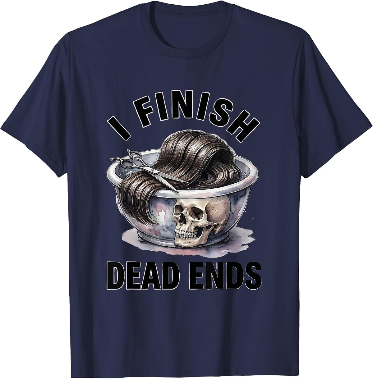 I Finish Dead Ends Watercolor Halloween Hairstylist Skeleton T-Shirt - Navy Blue