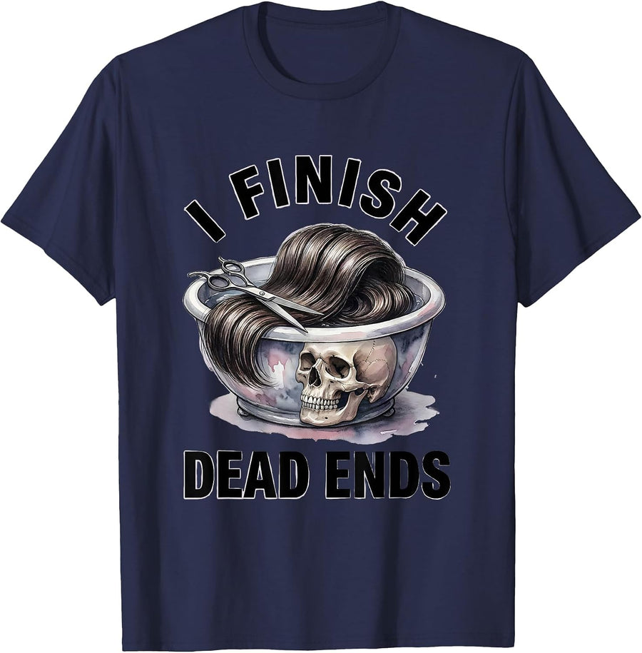 I Finish Dead Ends Watercolor Halloween Hairstylist Skeleton T-Shirt - Navy Blue