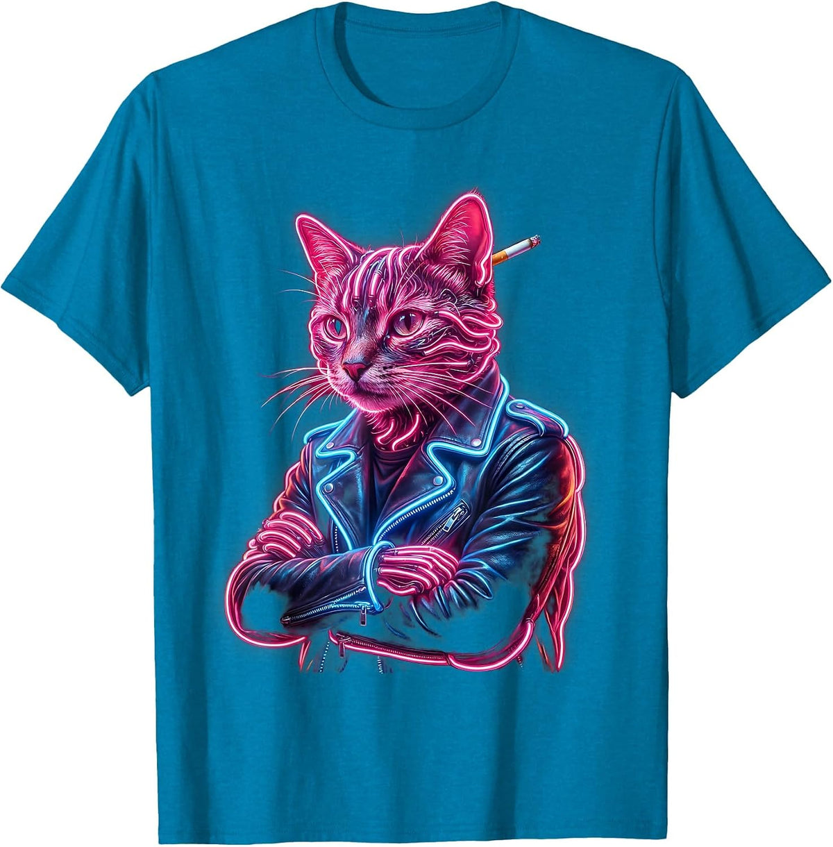 Cool Cat in Leather Jacket Graphic Tee T-Shirt - Sapphire Blue