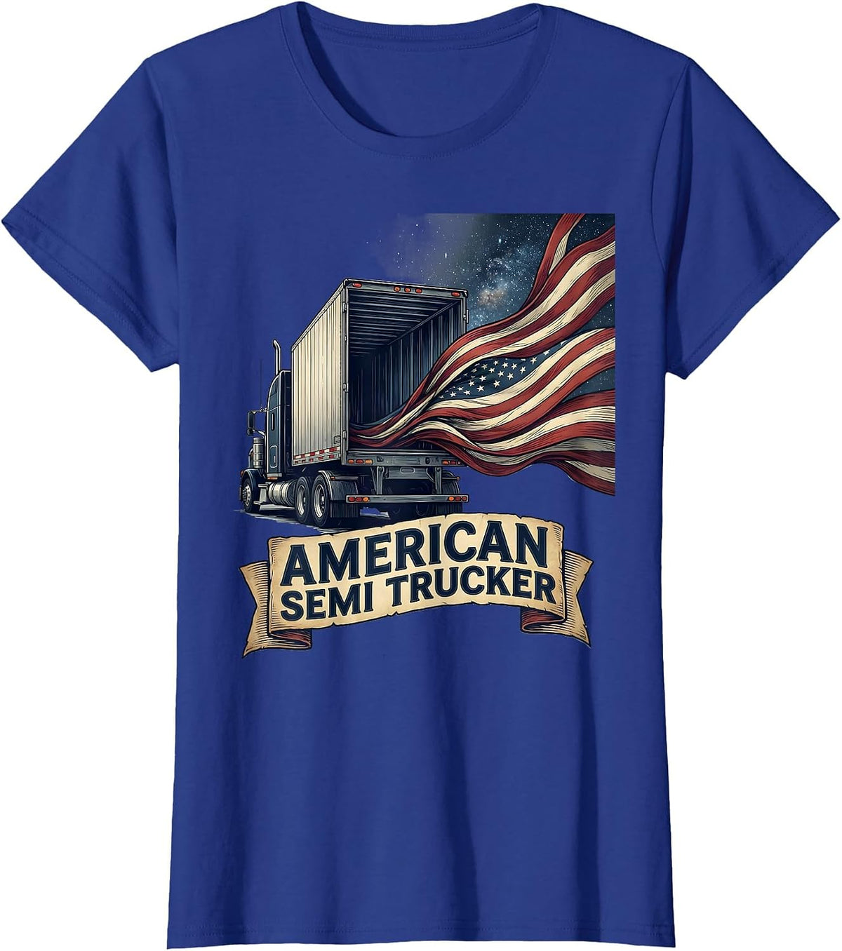 Women's American Semi Trucker Patriotic Truck Driver Flag Pride T-Shirt - Royal Blue