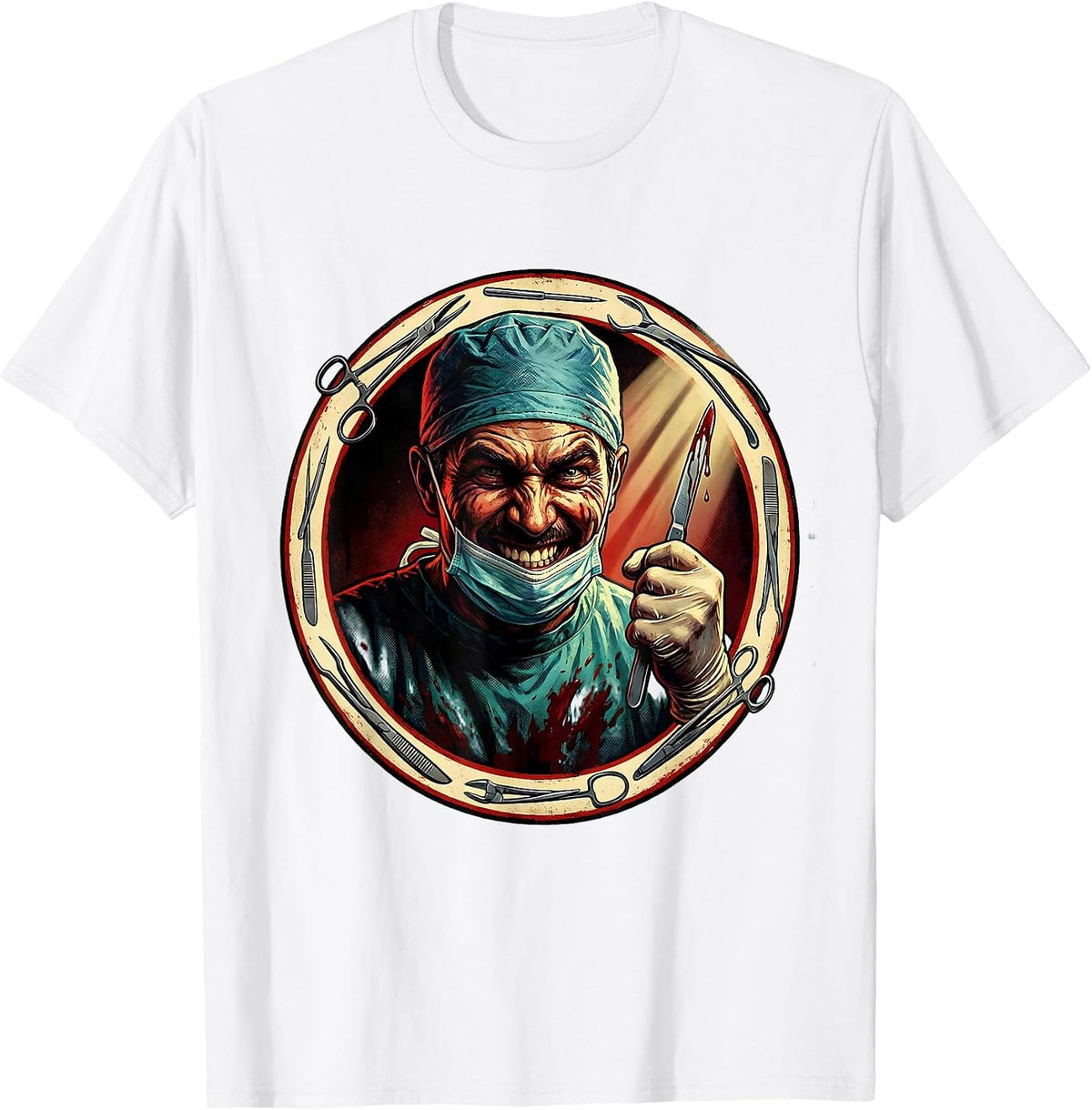 Men's Grinning Surgeon Bloody Scalpel Graphic Design T-Shirt - White