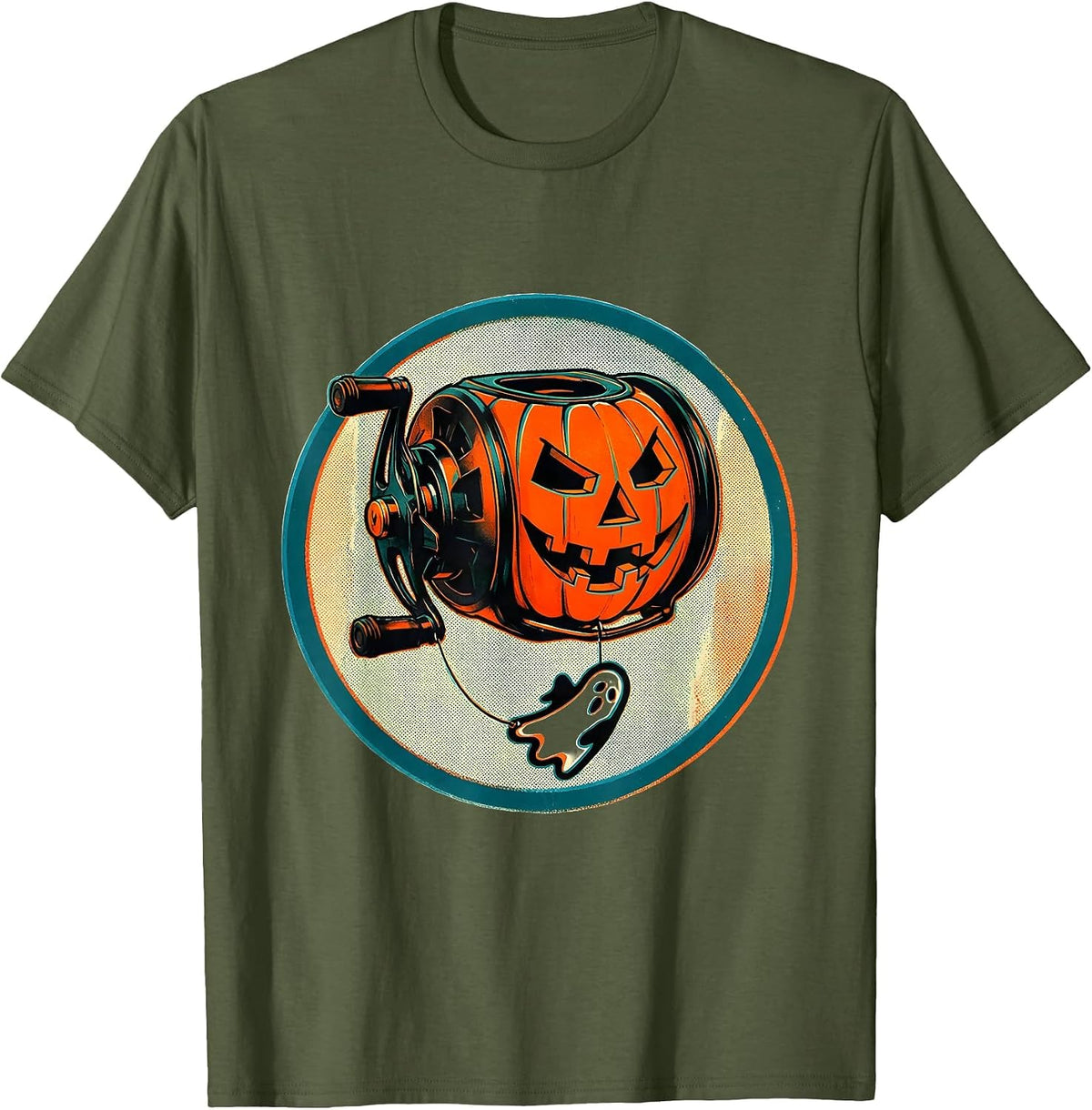 Sealed Fly Reel Halloween Monster Fishing Ghost Spooky T-Shirt - Olive Green