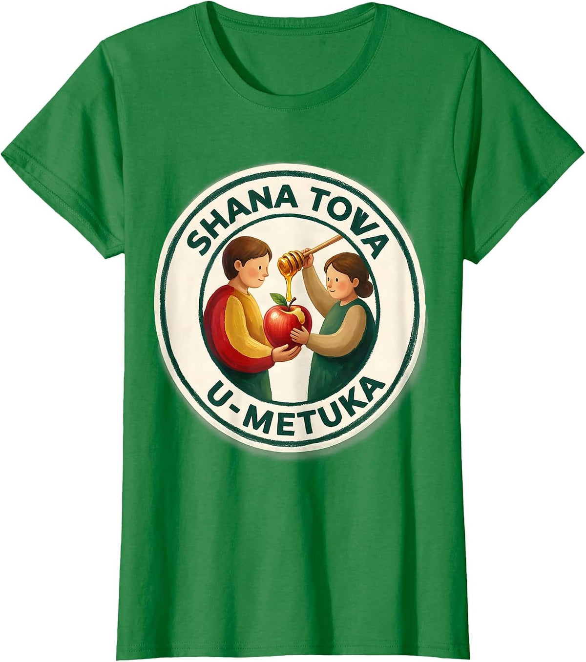 Women's Shana Tova U'Metuka Storybook Rosh Hashanah Apple Honey Pun T-Shirt - Kelly Green