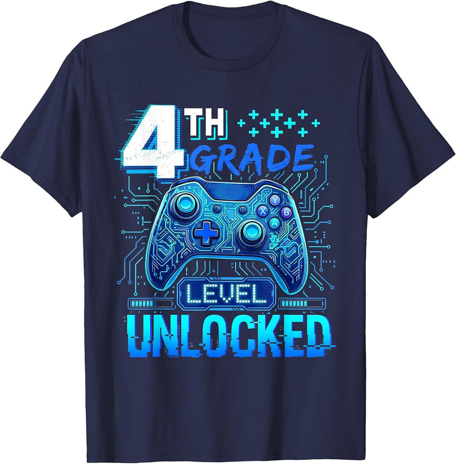 Back to School 4th Grade First Day Level Unlocked Gamer Boys T-Shirt - Navy Blue