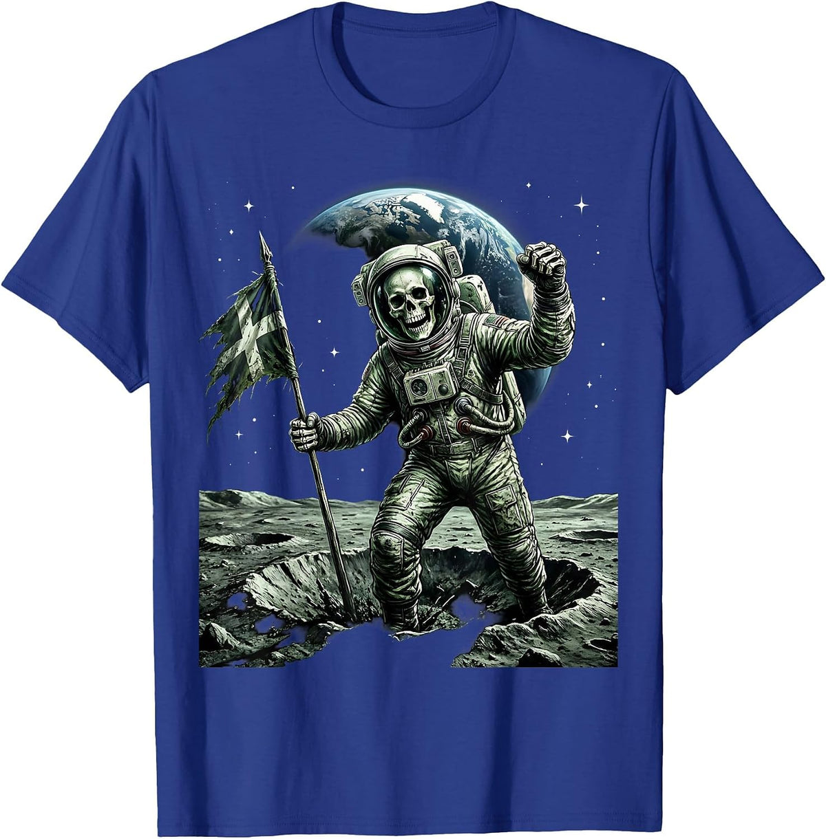 Skeleton Astronaut Planting Flag on Moon T-Shirt - Royal Blue