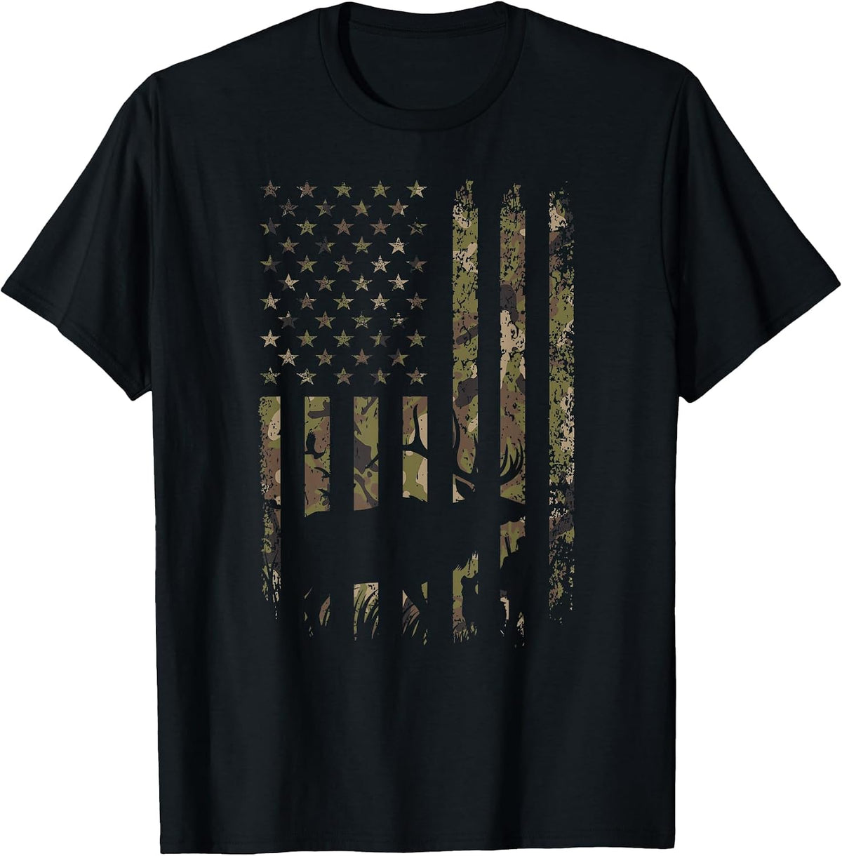 Outdoor Antlers Deer American Flag Camouflage T-Shirt - Black