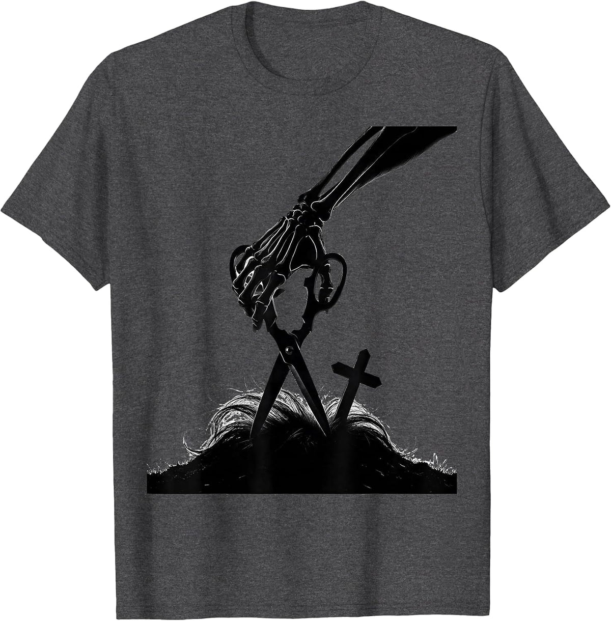 Skeletal Haircut Silhouette Funny Hairdresser Halloween T-Shirt - Dark Heather Grey