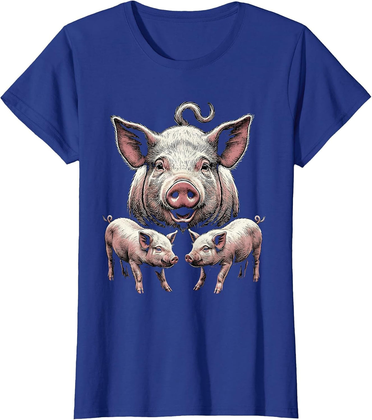 Women's Proud Pig Family Woodcut Engraving Farm Animal Lover Humor T-Shirt - Royal Blue
