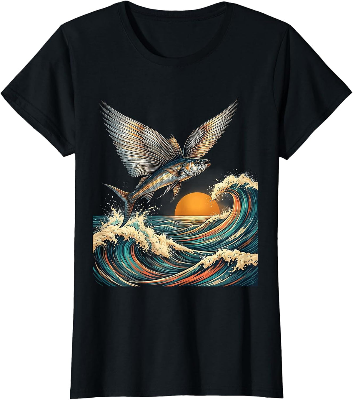 Flying Fish Tropical Ocean Waves Graphic T-Shirt - Black