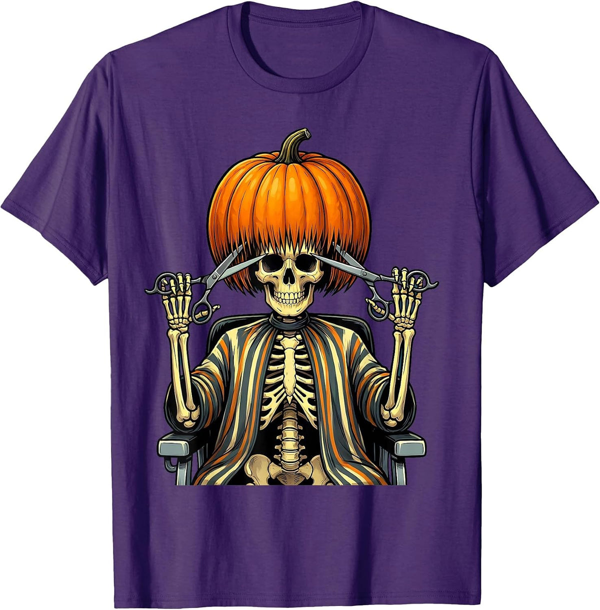 Pumpkin Skull Hairstylist Halloween Barber Humor T-Shirt - Purple