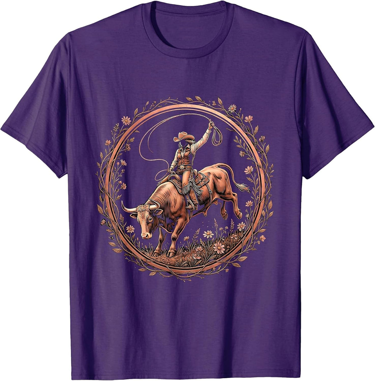 Cowgirl Bull Riding Rodeo Arena Graphic T-Shirt - Purple