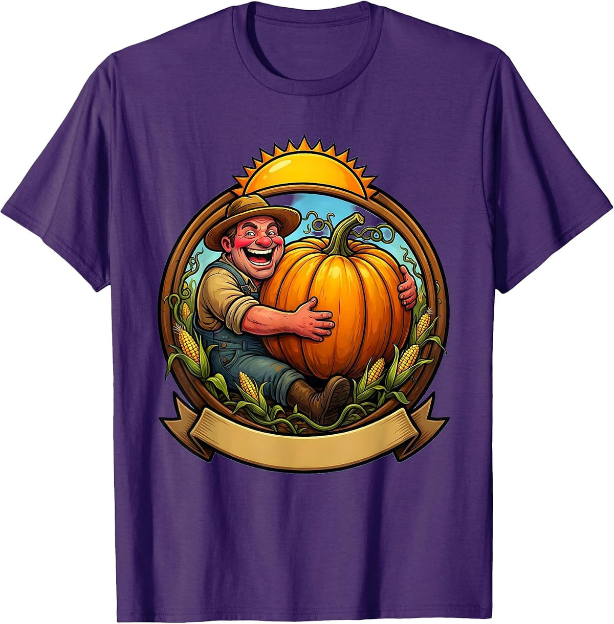 Farmer Cradling Pumpkin Harvest Field Illustration T-Shirt - Purple