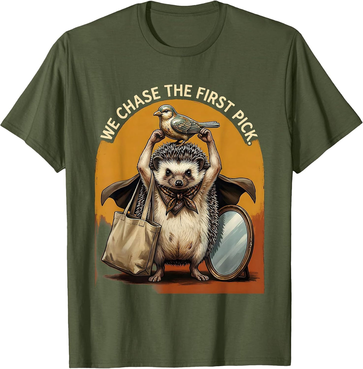 We Chase The First Pick Funny Hedgehog Thrifting Vintage T-Shirt - Olive Green