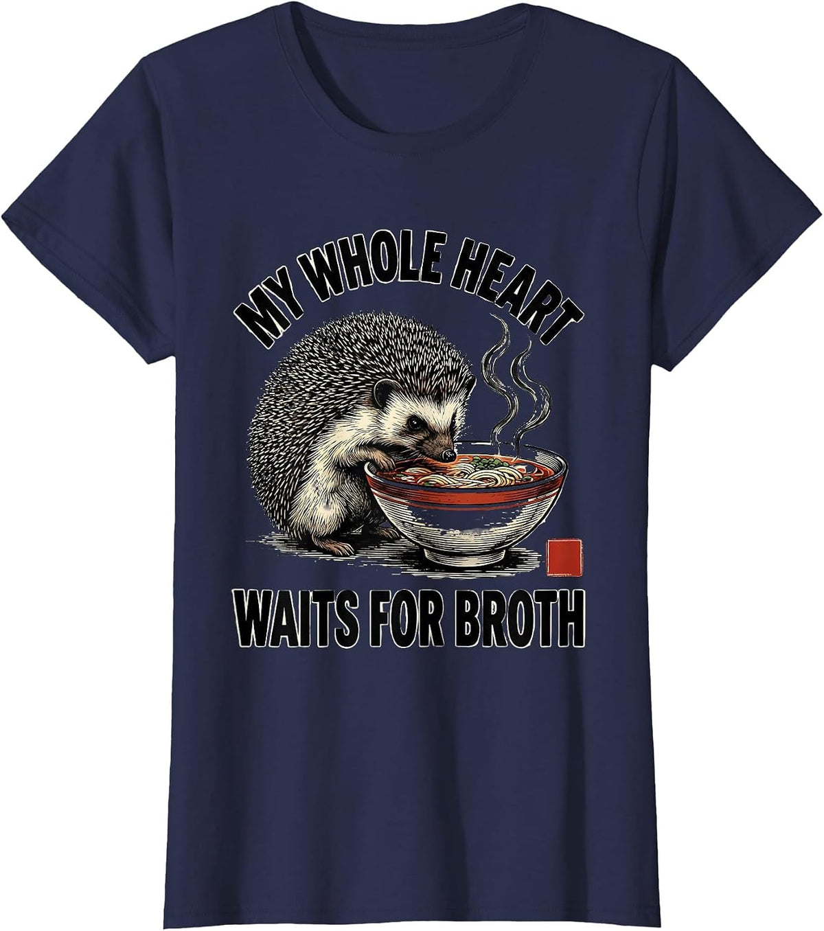 Women's My Whole Heart Waits For Broth Funny Anime Hedgehog Ramen T-Shirt - Navy Blue