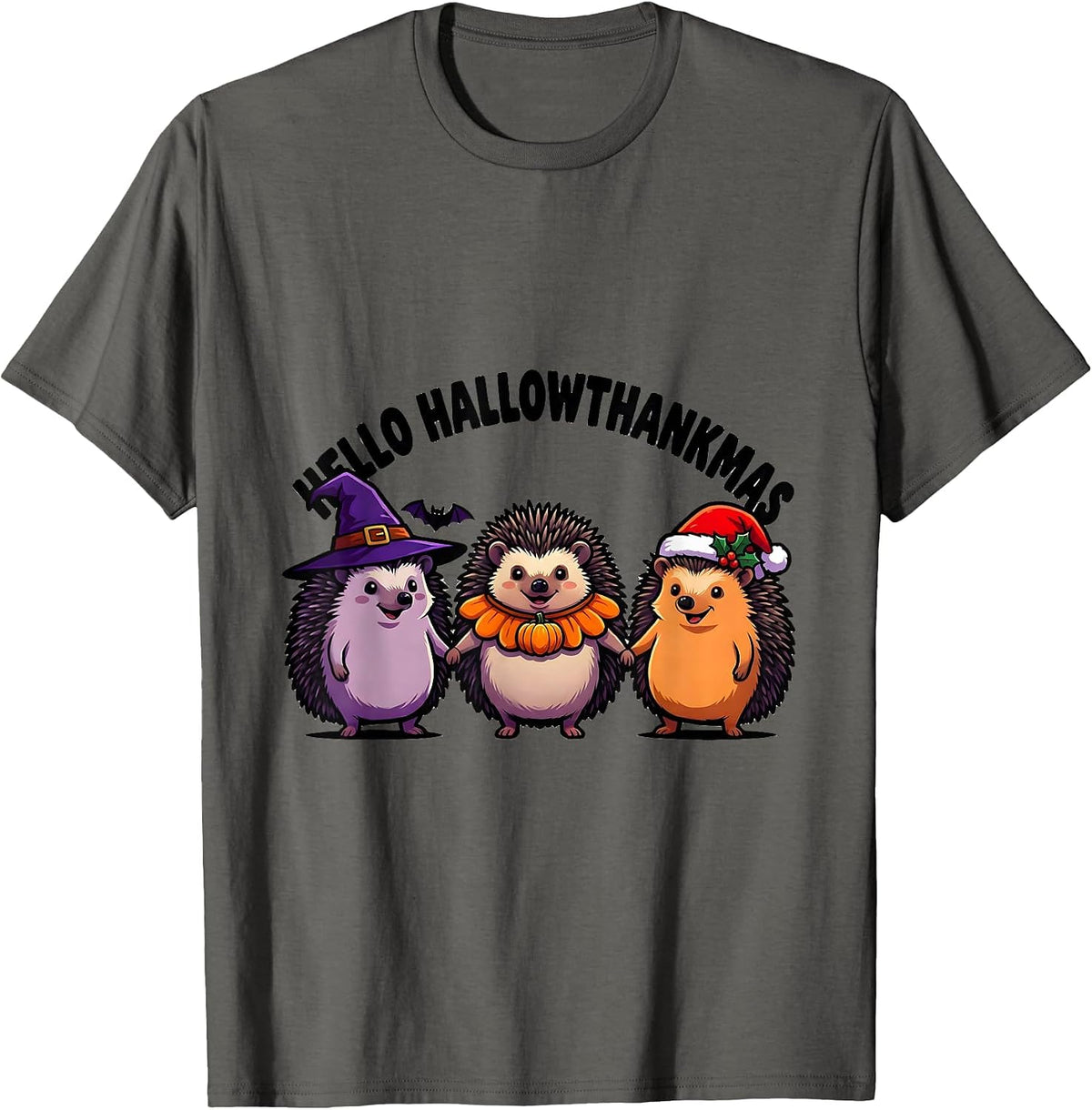 Hello HallowThankmas Cartoon Holiday Mashup Halloween T-Shirt - Asphalt Grey