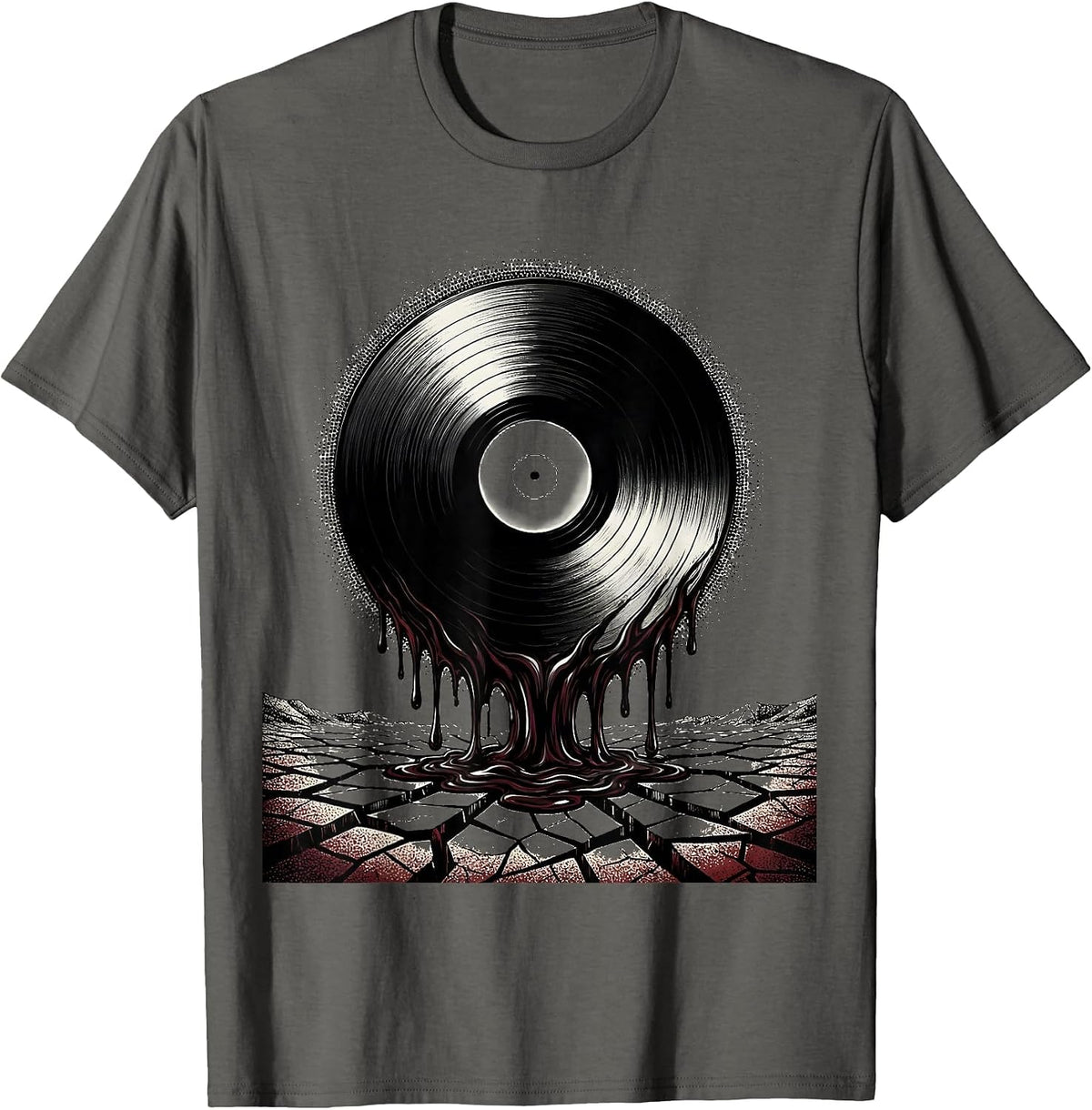Melting Vinyl Record Cracked Earth Classic Rock Art T-Shirt - Asphalt Grey