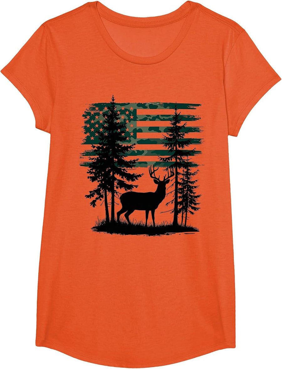 Men Kids Boys Hunting Shirt Deer Hunters Toddler Camo Flag T-Shirt - Girls Orange