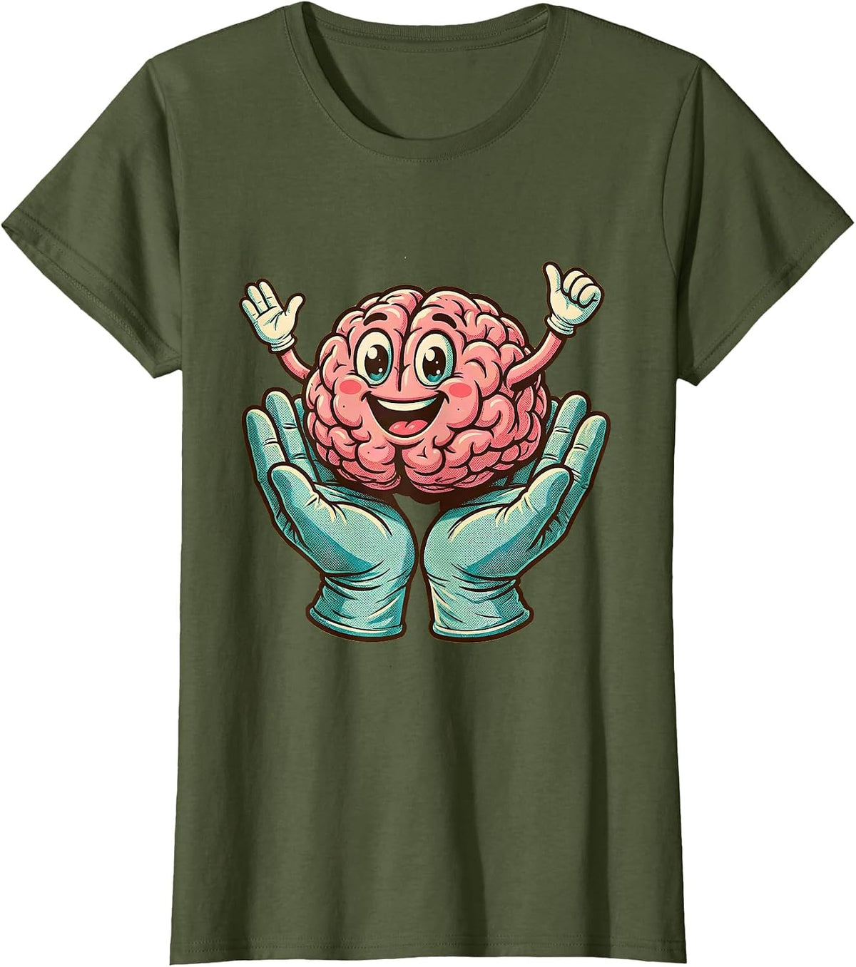 Women's Smiling Brain Surgeon Hands Dark Humor Graphic T-Shirt - Olive Green