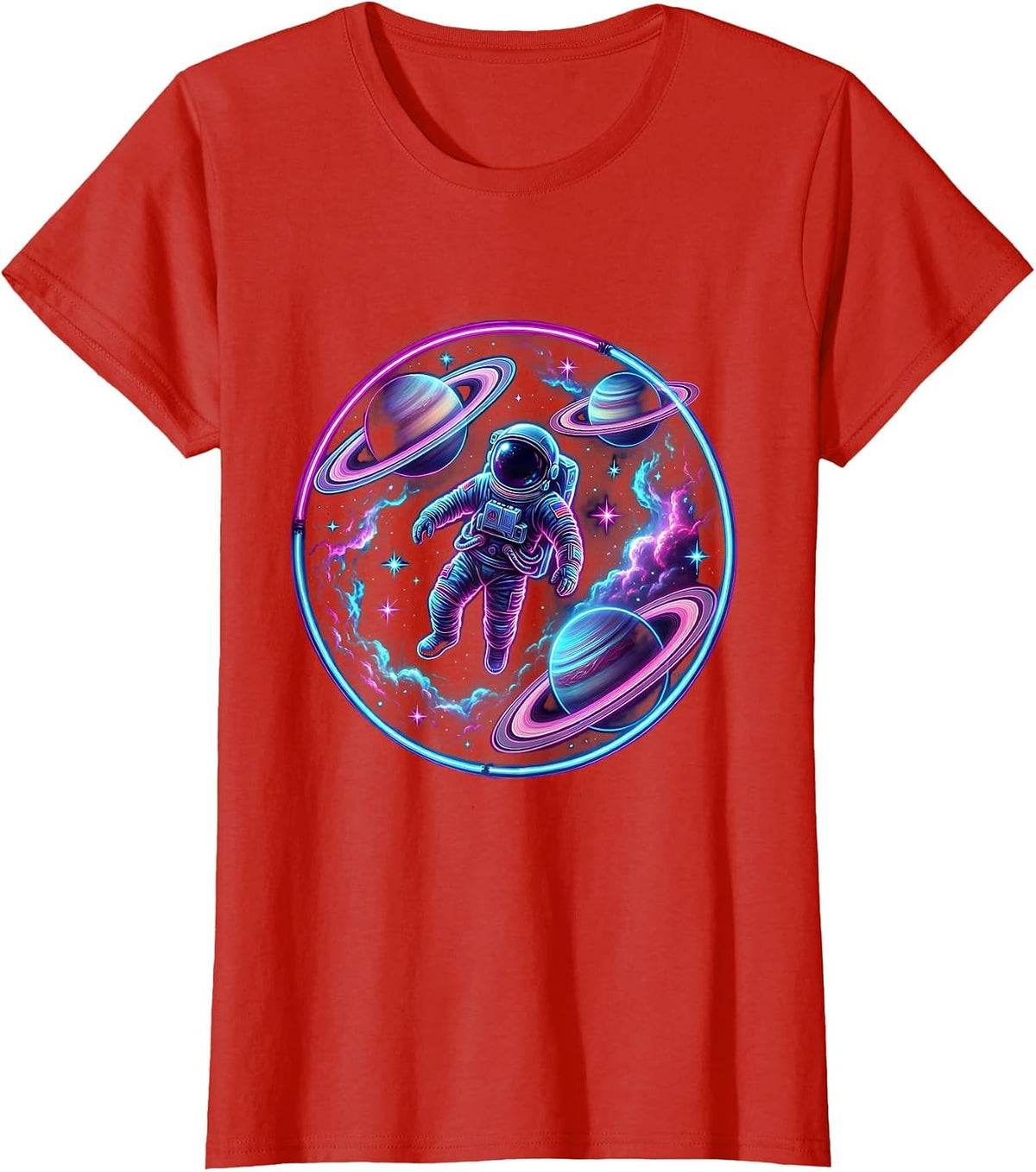 Astronaut Floating Through Colorful Nebula Clouds T-Shirt - Red