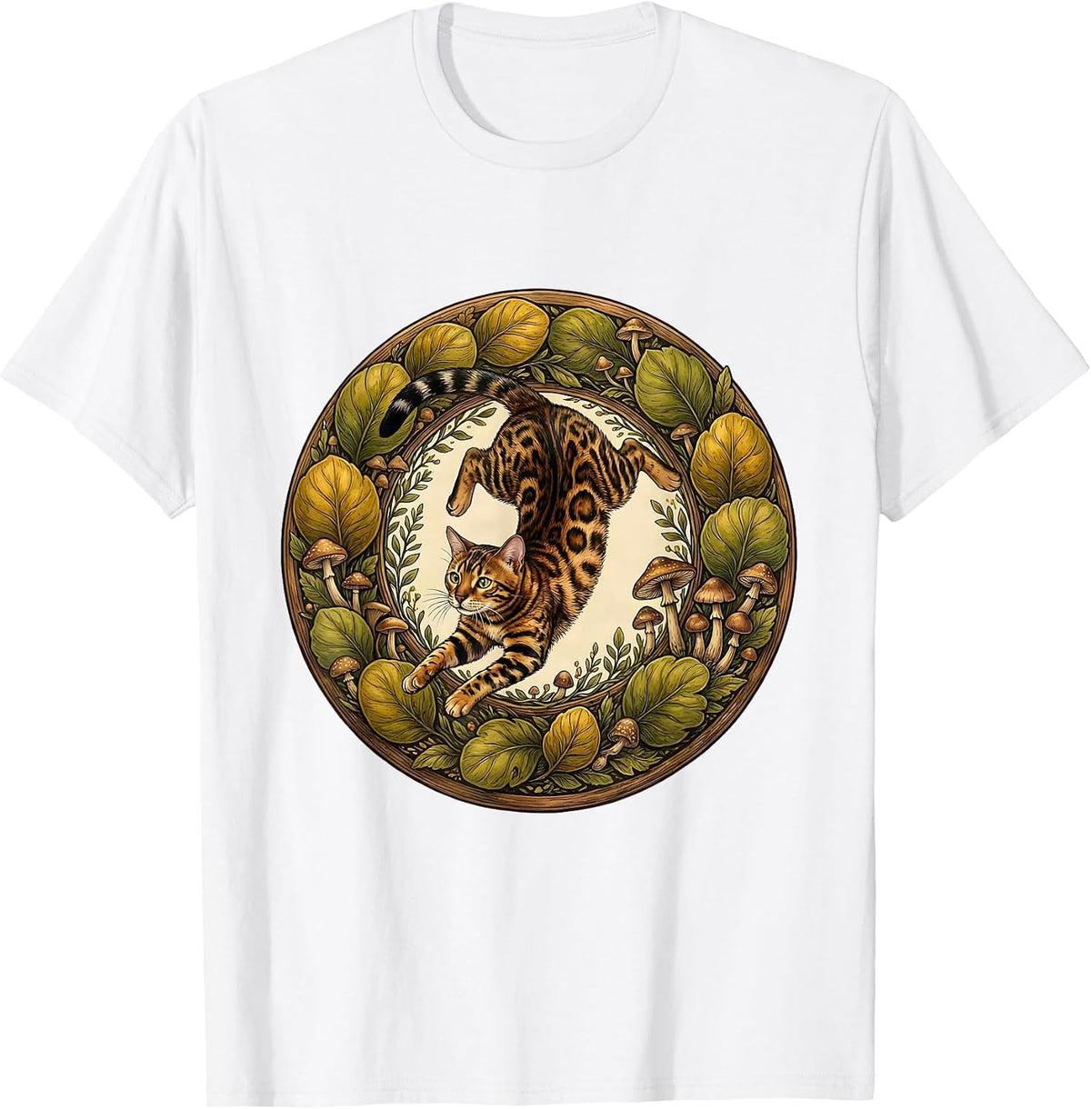 Bengal Cat Leaping Through Jungle Leaves T-Shirt - White