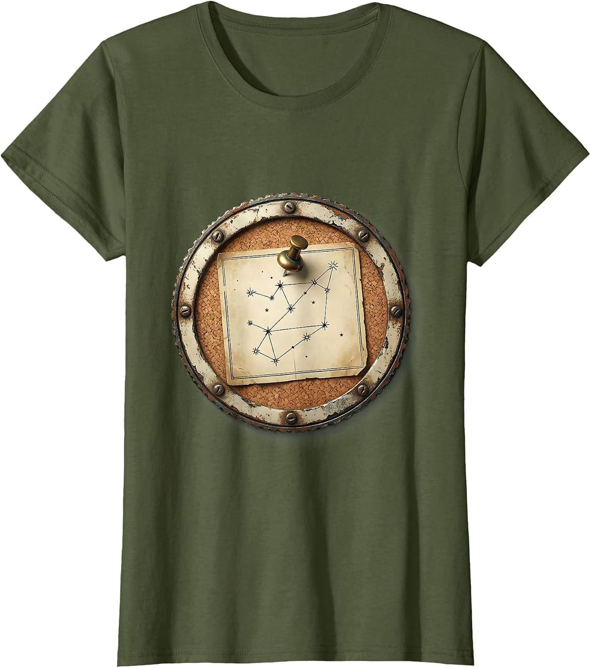 Women's Constellation Map Pinned to Cork Board T-Shirt - Olive Green