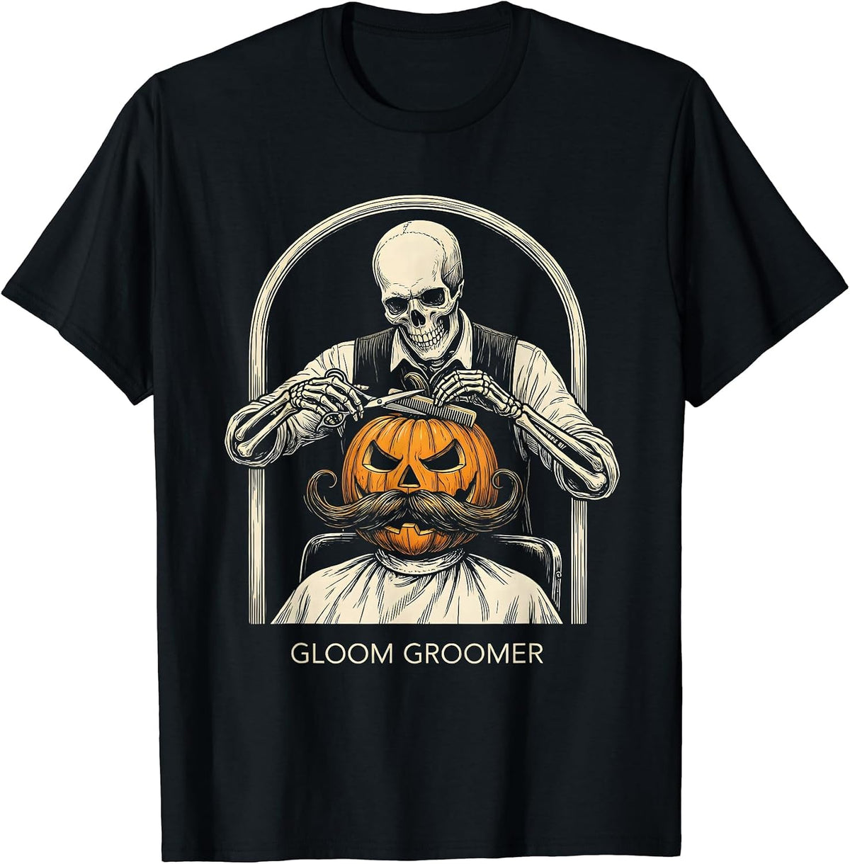 Men's Gloom Groomer Skeleton Barber Halloween Hairstylist Humor T-Shirt - Black