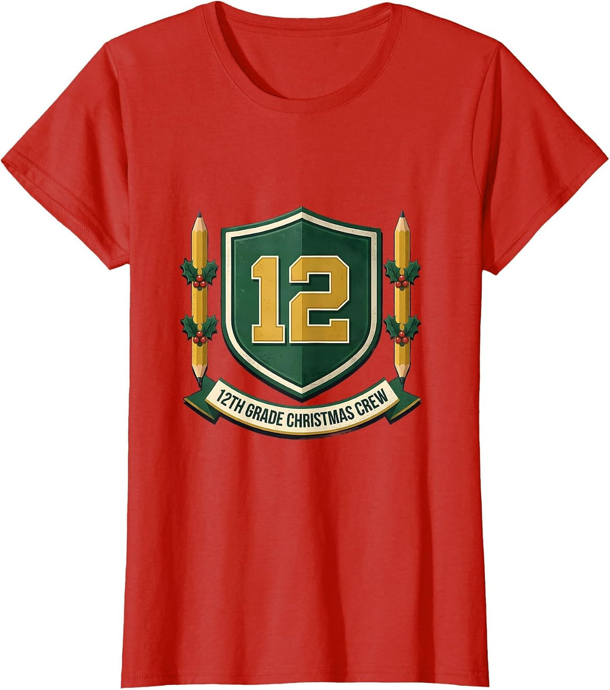 Women's 12th Grade Christmas Crew Emblem Teacher Holiday Humor T-Shirt - Red