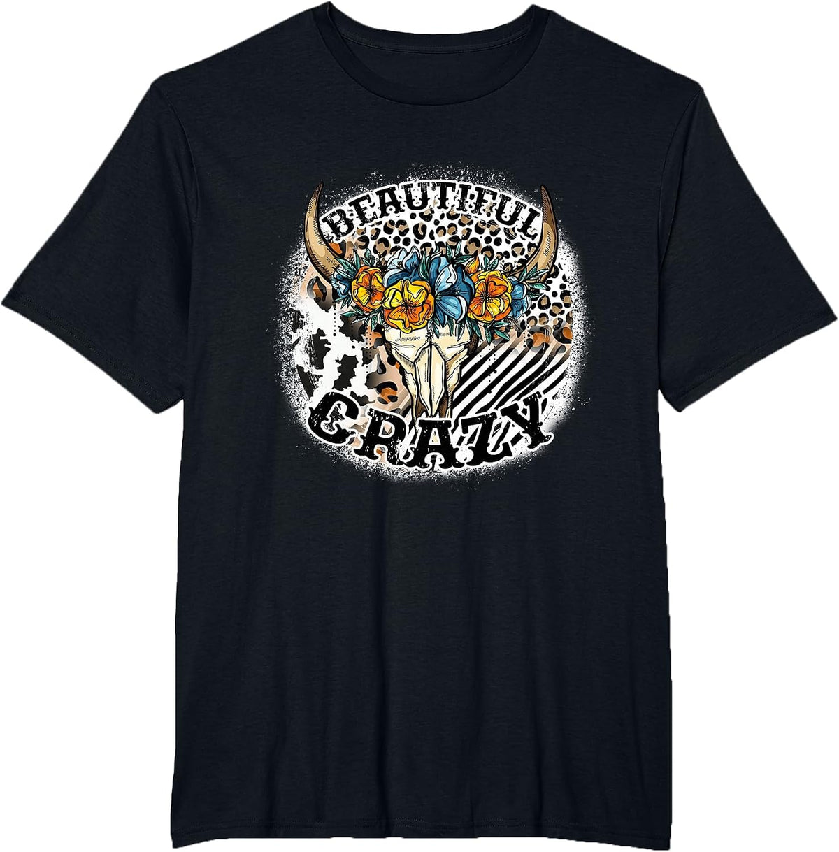 Beautiful Bull Skull Flower Crazy Cow Skull Leopard-Print T-Shirt - Black