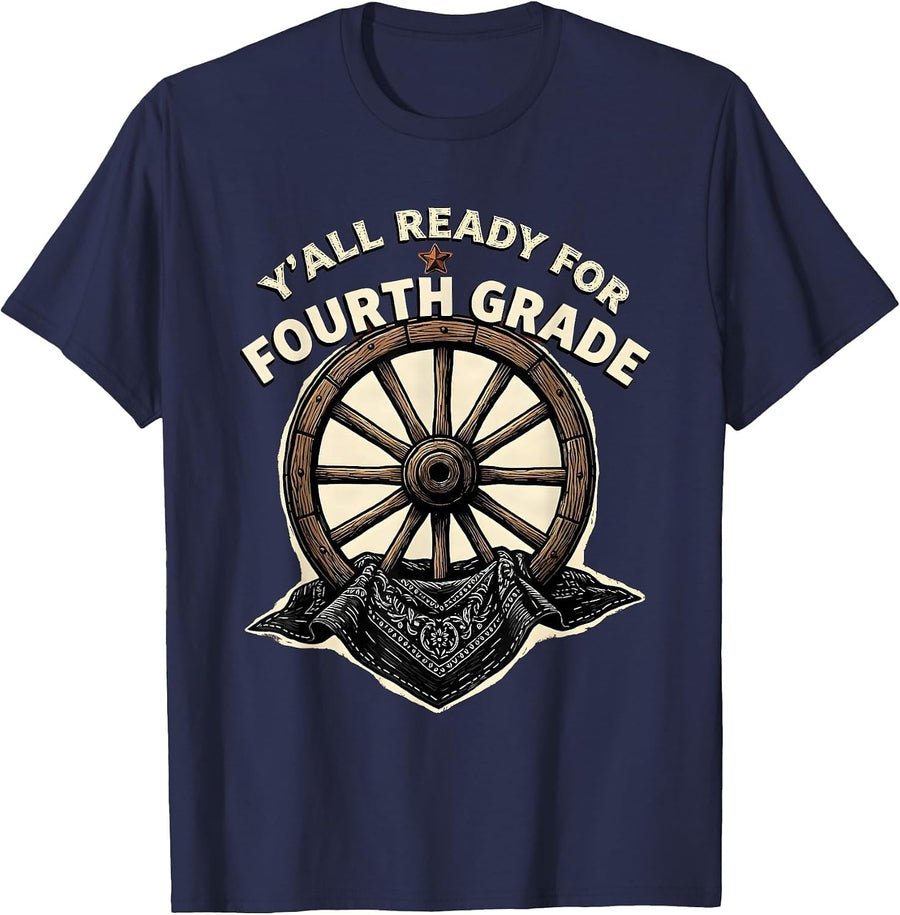Y'all Ready For Fourth Grade Western 4th Grade Teacher T-Shirt - Navy Blue
