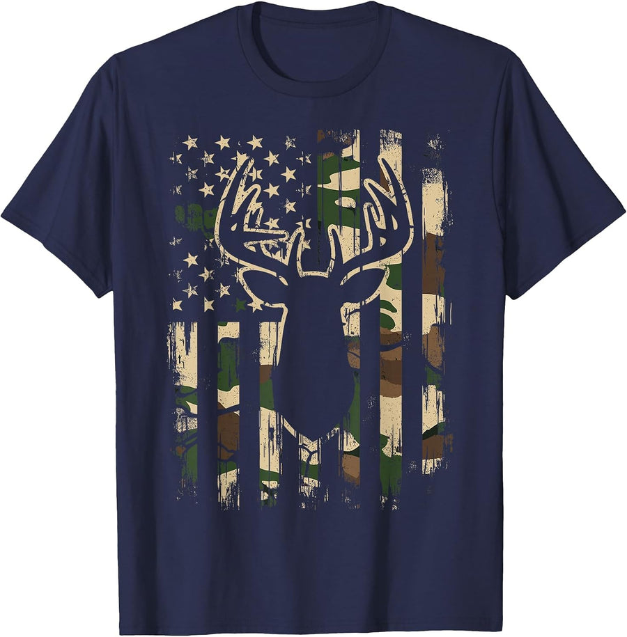 Deer Hunting Camo American Flag Outdoor T-Shirt - Navy Blue