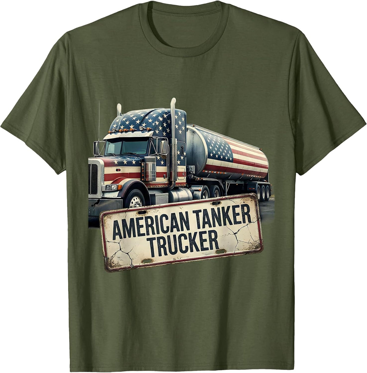 Men's American Tanker Trucker Distressed Patriotic Semi Driver T-Shirt - Olive Green