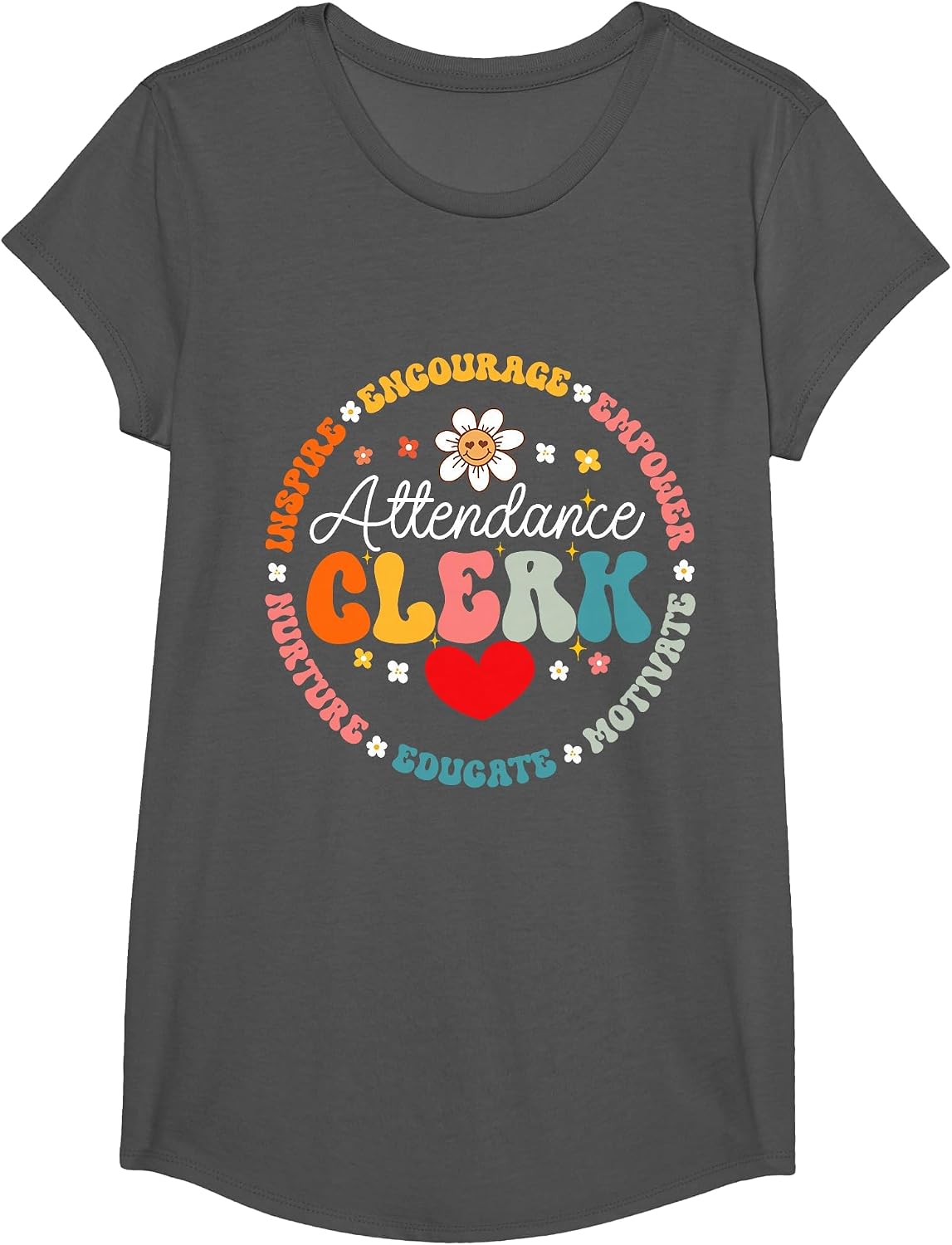Groovy Attendance Clerk Back to School Appreciation Week T-Shirt - Girls Asphalt Grey