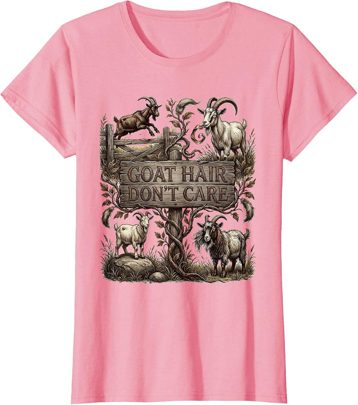 Women's Goat Hair Don't Care Funny Goat Lover Design T-Shirt - Pink