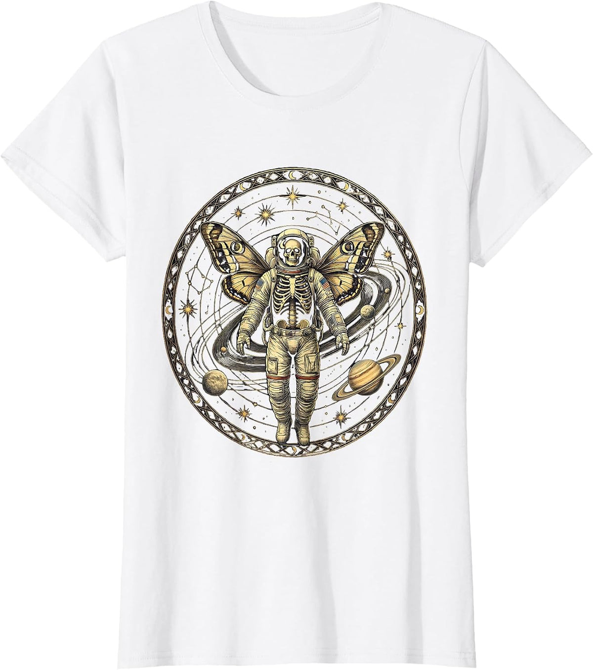 Skeleton Astronaut Floating in Space Illustration T-Shirt - White
