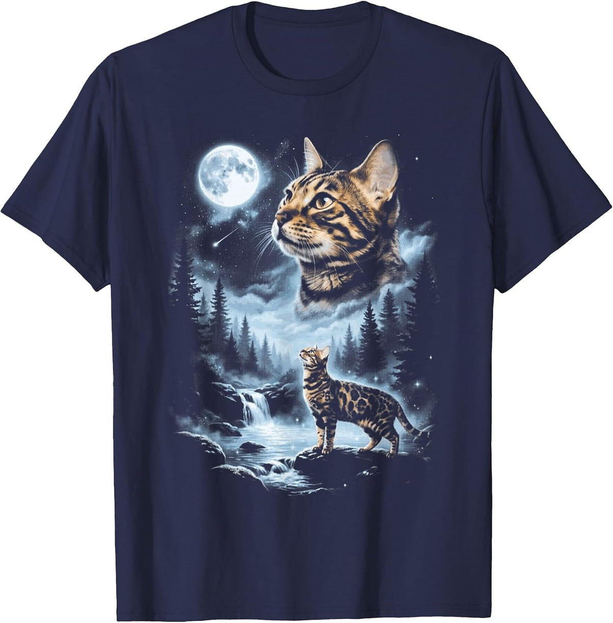 Bengal Cat Howling at the Moon, Funny Halloween Design T-Shirt - Navy Blue