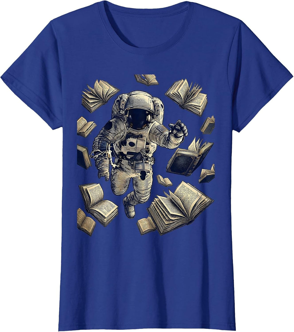 Women's Astronaut Floating Among Open Books Space Art T-Shirt - Royal Blue